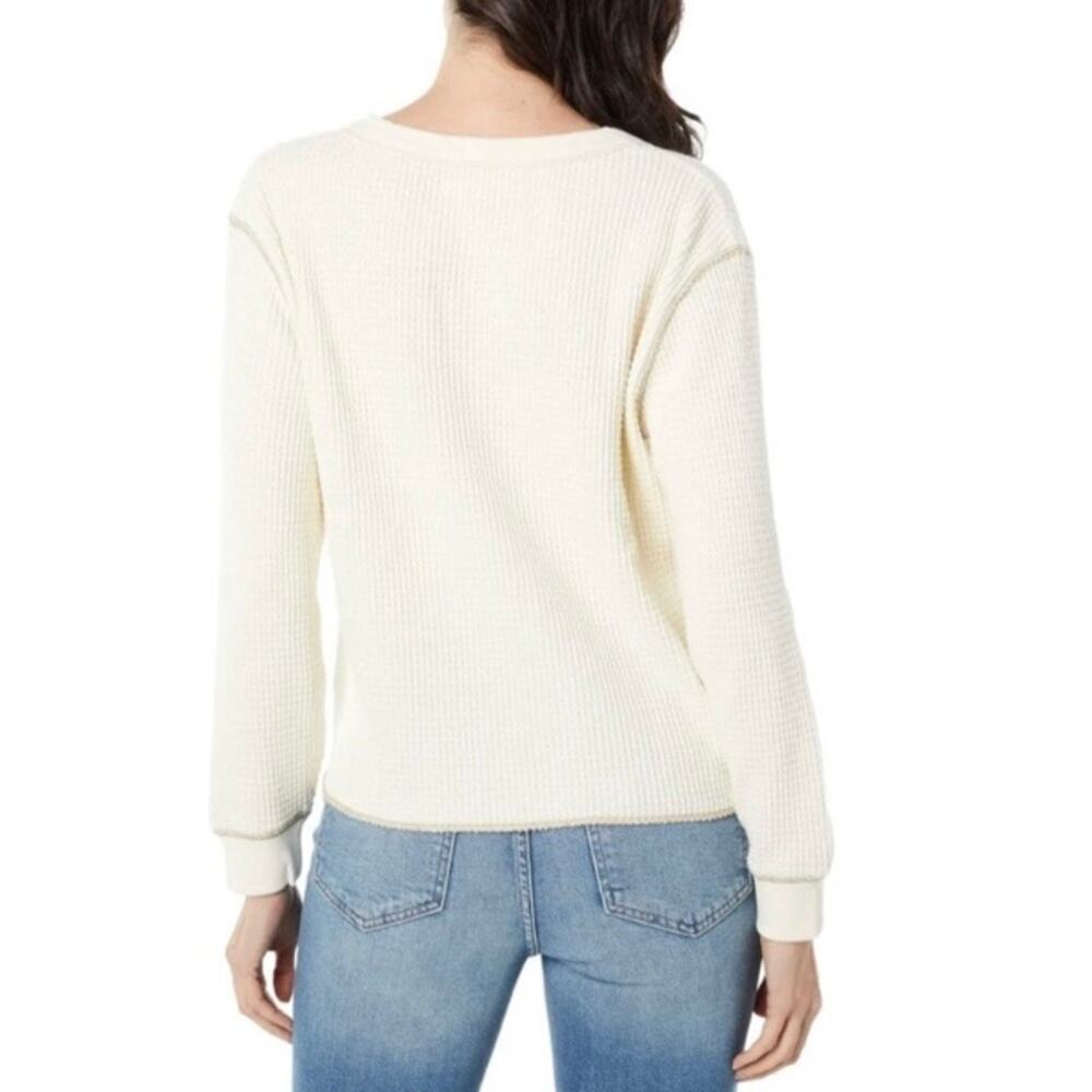 Madewell Sz M Boxy Cropped Waffle Knit Split Neck Long Sleeve Tee Antique Cream - Picture 2 of 16